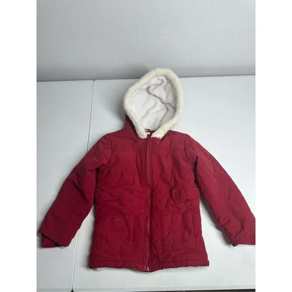 Janie & Jack Faux Fur Trim Fleece Lined Girls Red Cotton Blend Coat Size 4-5T